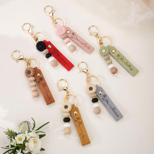 personalised birth flower pu leather keychain