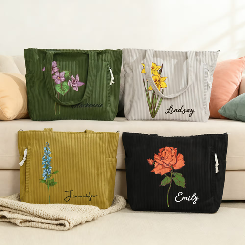 birth flower corduroy large capacity tote bag with four color