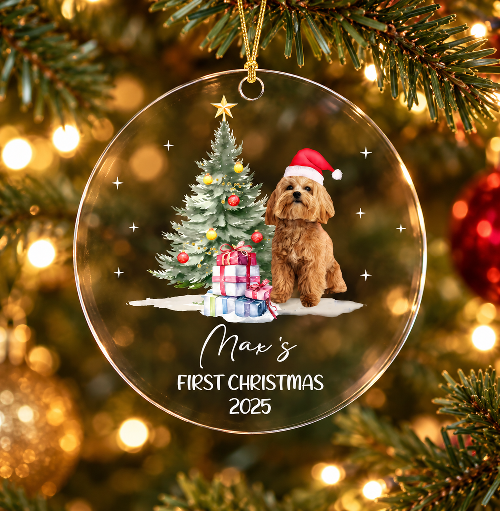 Oil Painting Santa Hat Dog Photo Clear Acrylic Ornament