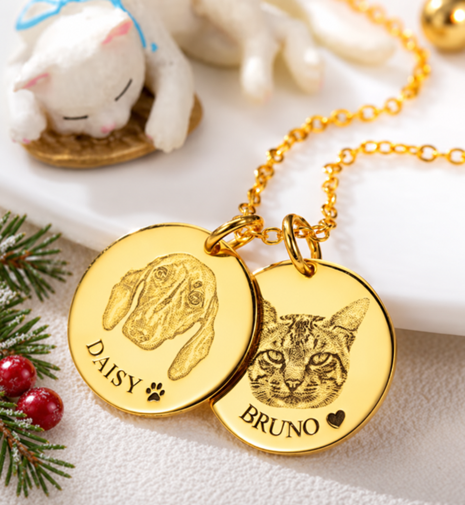 Engraved Cat And Dog Portrait Photo Necklace with Their Names