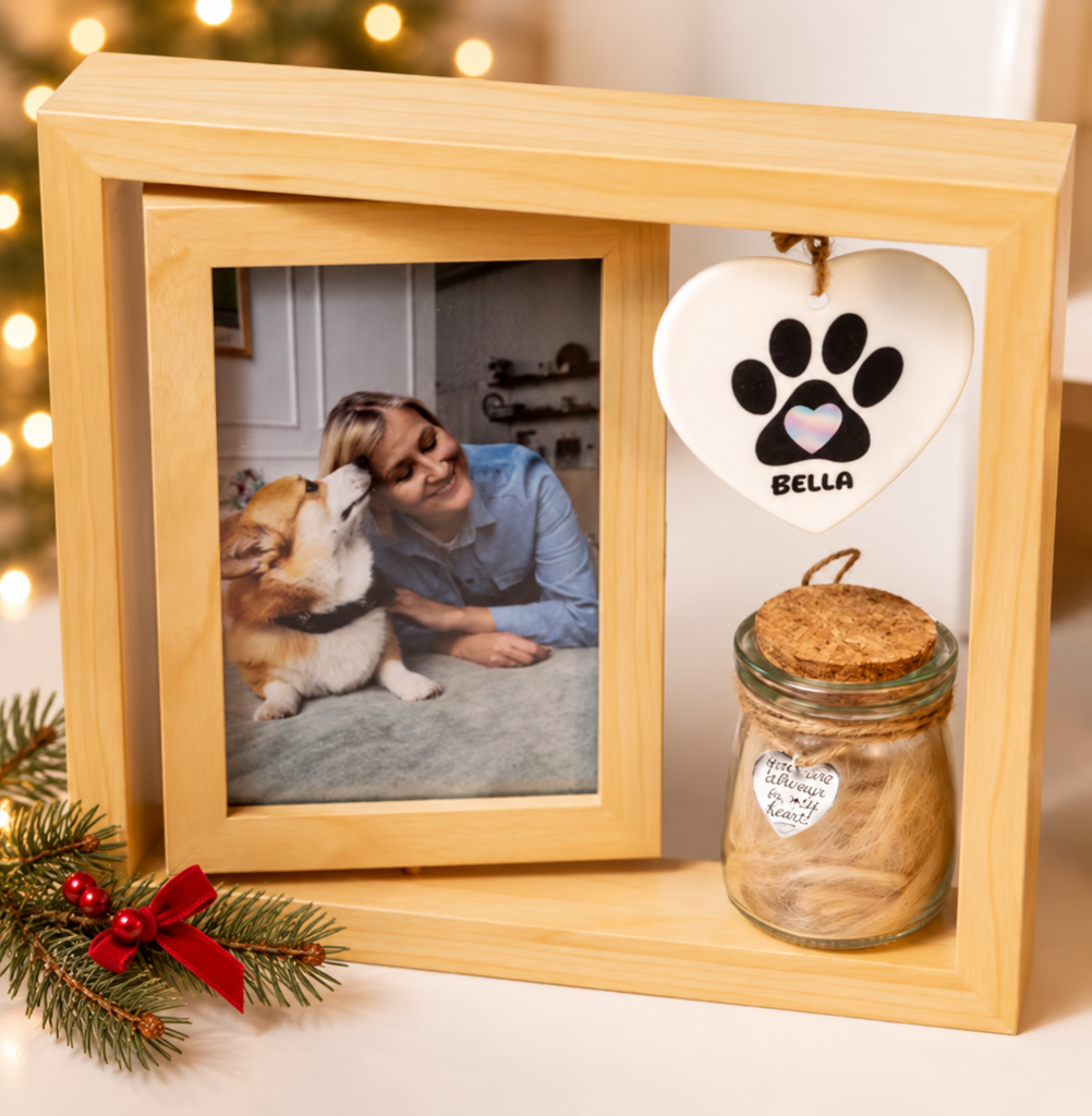 Dog and Owner Photo Memorial Wooden Frame with Hair Jar and Paw Print Name