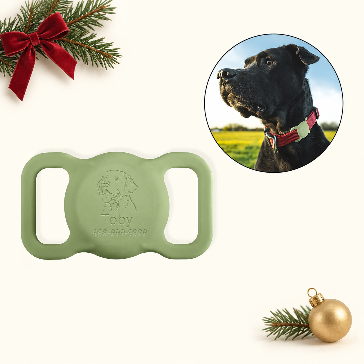 Green Silicone AirTag Holder for Collar with Engraved Name