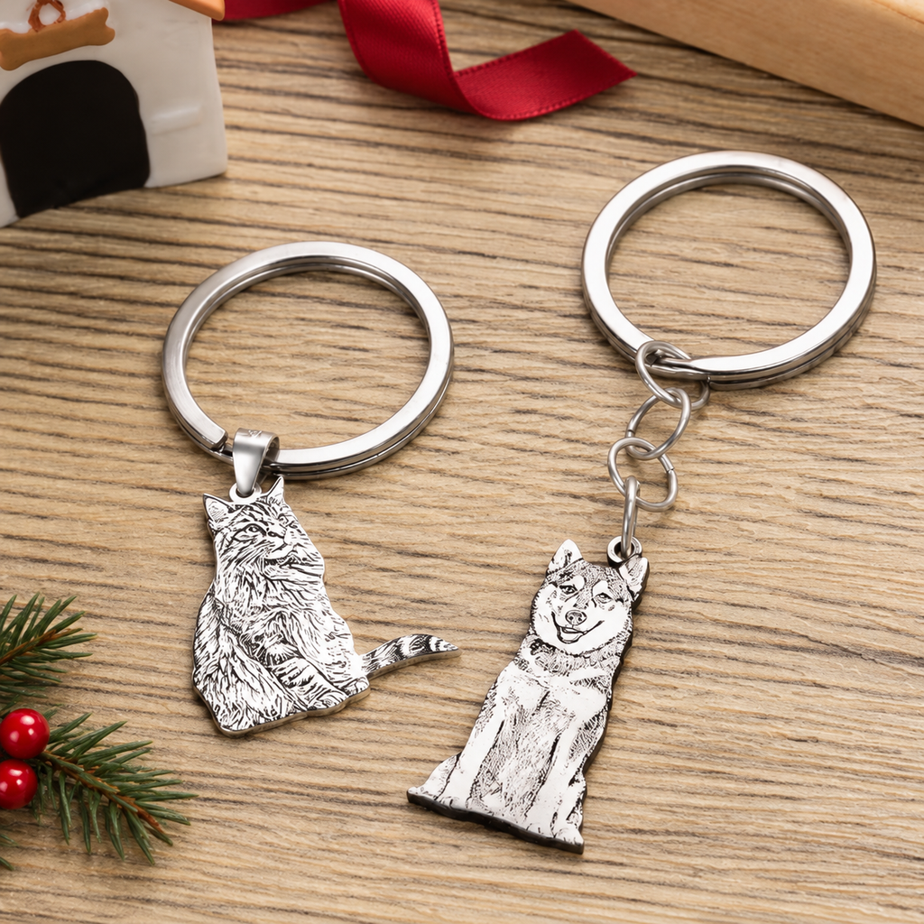 Dog and Cat Photo Keychain with Text